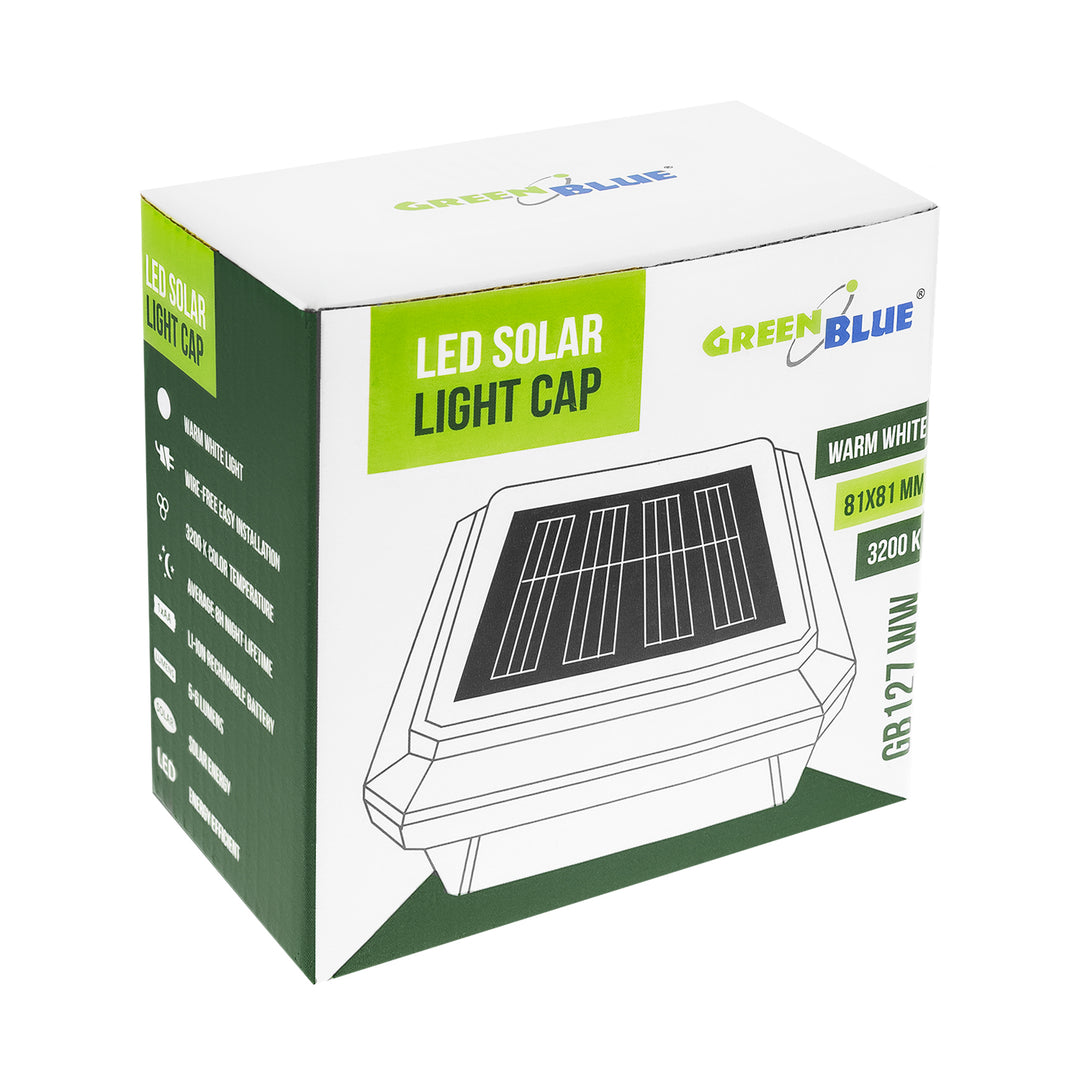 Solární LED lampa na sloupek GreenBlue, 80 × 80 mm, obloukový kryt, 3200 K, GB127 WW
