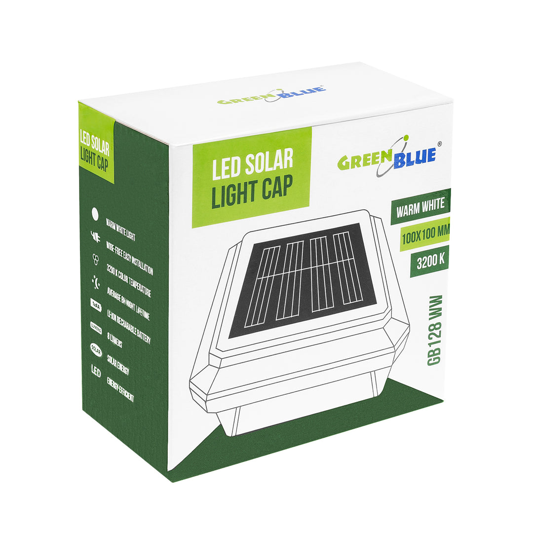 Solární LED lampa na sloupek GreenBlue, 100 × 100 mm, obdélníkový kryt, 3200 K, GB128 WW