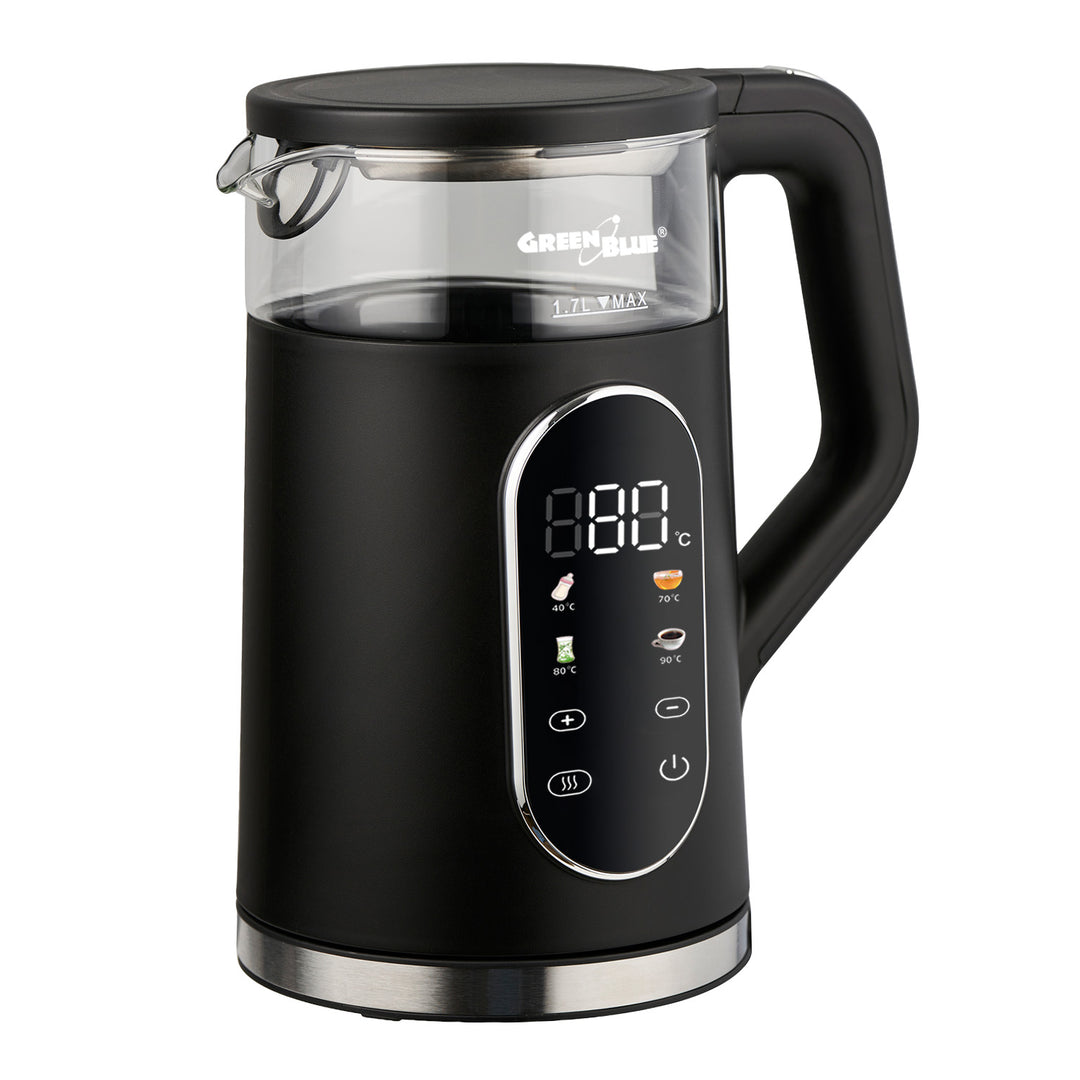 Bezdrátová rychlovarná konvice GreenBlue, objem 1,7 l, skleněná nádoba na vodu, přehledný displej, volba teploty, 2200 W, GB670 B