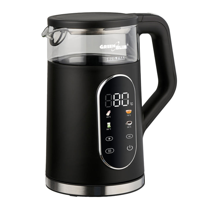 Bezdrátová rychlovarná konvice GreenBlue, objem 1,7 l, skleněná nádoba na vodu, přehledný displej, volba teploty, 2200 W, GB670 B
