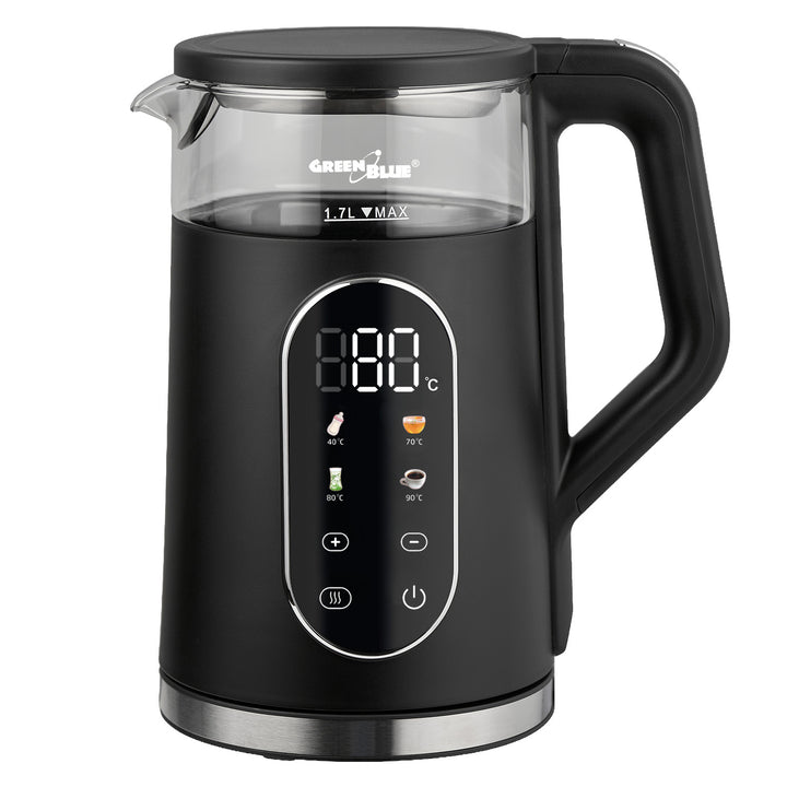 Bezdrátová rychlovarná konvice GreenBlue, objem 1,7 l, skleněná nádoba na vodu, přehledný displej, volba teploty, 2200 W, GB670 B