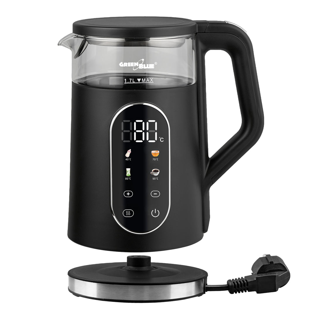 Bezdrátová rychlovarná konvice GreenBlue, objem 1,7 l, skleněná nádoba na vodu, přehledný displej, volba teploty, 2200 W, GB670 B