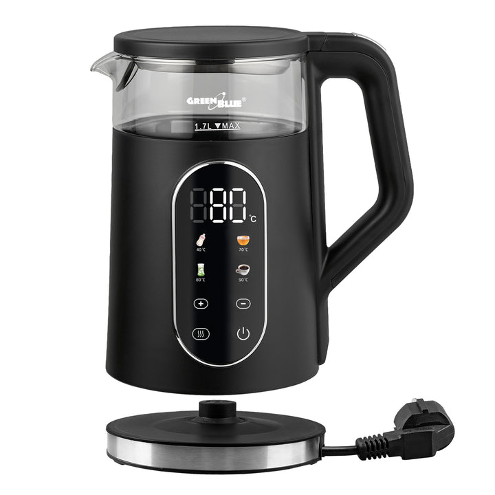 Bezdrátová rychlovarná konvice GreenBlue, objem 1,7 l, skleněná nádoba na vodu, přehledný displej, volba teploty, 2200 W, GB670 B