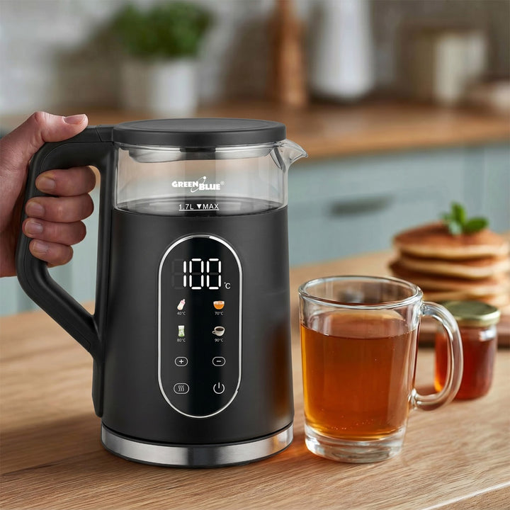 Bezdrátová rychlovarná konvice GreenBlue, objem 1,7 l, skleněná nádoba na vodu, přehledný displej, volba teploty, 2200 W, GB670 B