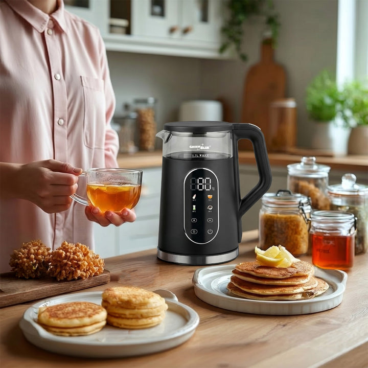 Bezdrátová rychlovarná konvice GreenBlue, objem 1,7 l, skleněná nádoba na vodu, přehledný displej, volba teploty, 2200 W, GB670 B