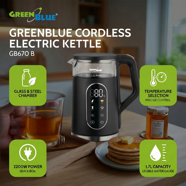 Bezdrátová rychlovarná konvice GreenBlue, objem 1,7 l, skleněná nádoba na vodu, přehledný displej, volba teploty, 2200 W, GB670 B