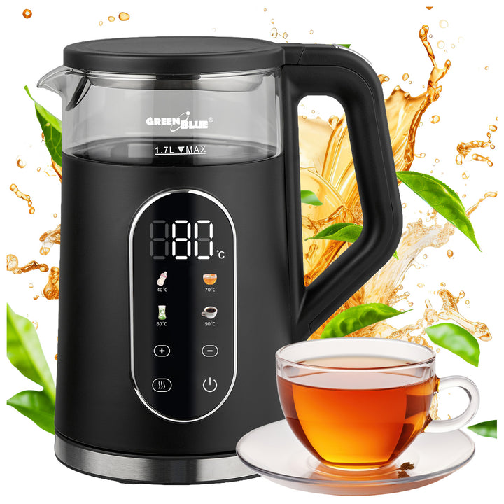 Bezdrátová rychlovarná konvice GreenBlue, objem 1,7 l, skleněná nádoba na vodu, přehledný displej, volba teploty, 2200 W, GB670 B