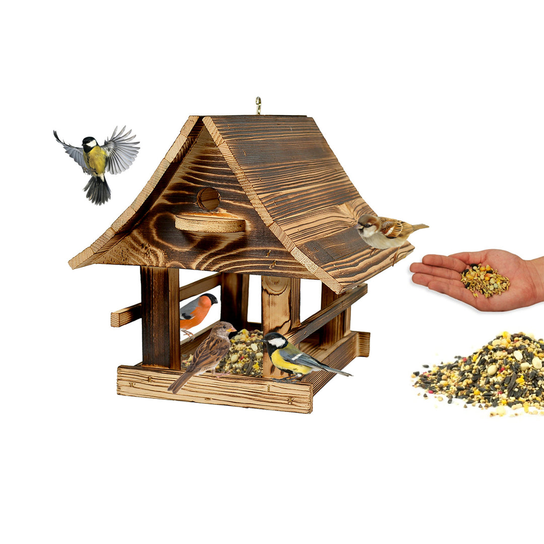 Woodok krmítko pro ptáky, dřevěné, vypalované, závěsný háček + ptačí semínka 1kg