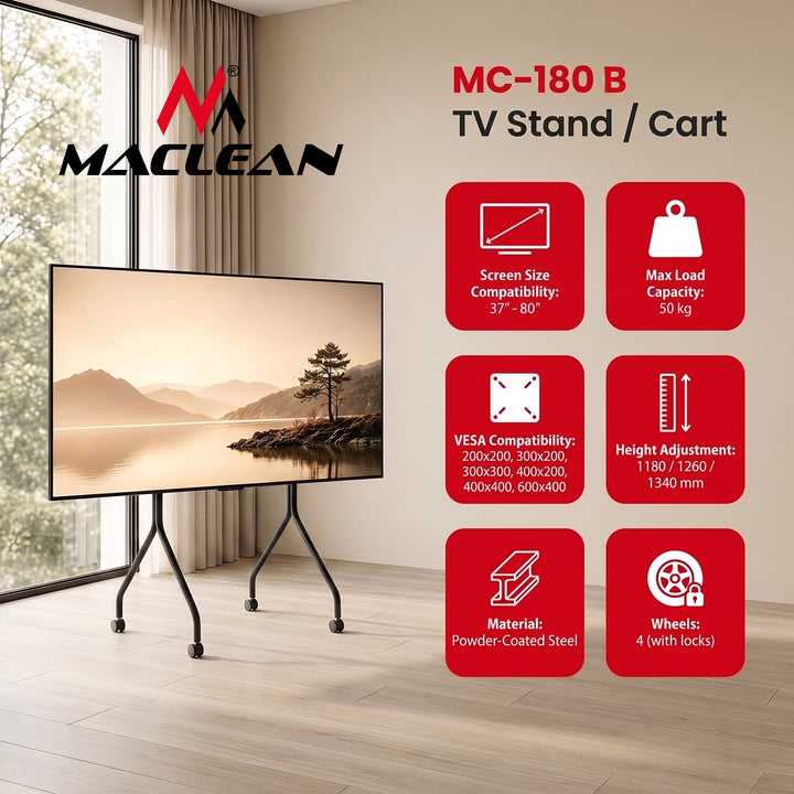 Stojan / vozík na televizor Maclean, na kolečkách, 37–80", max. nosnost 50 kg, max. VESA 600 × 400, černý, MC-180 B