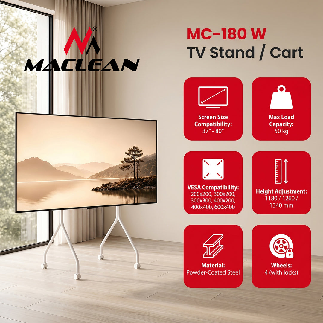 Stojan / vozík na televizor Maclean, na kolečkách, 37–80", max. nosnost 50 kg, max. VESA 600×400, bílý, MC-180 W
