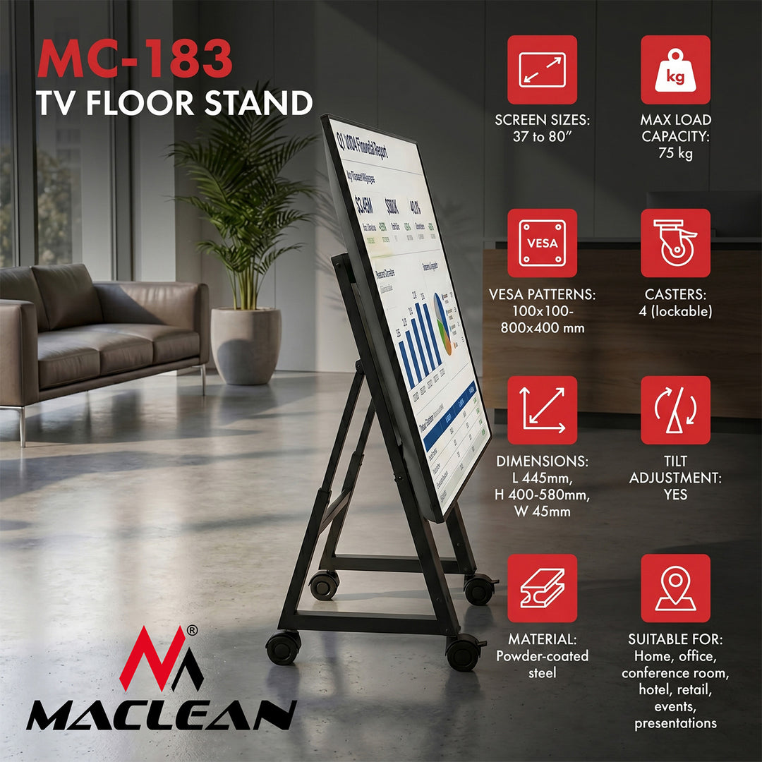 Vozík / podlahový stojan na televizor Maclean, 37–80", max. VESA 800×400, max. 75 kg, pojízdný, aretace koleček, MC-183