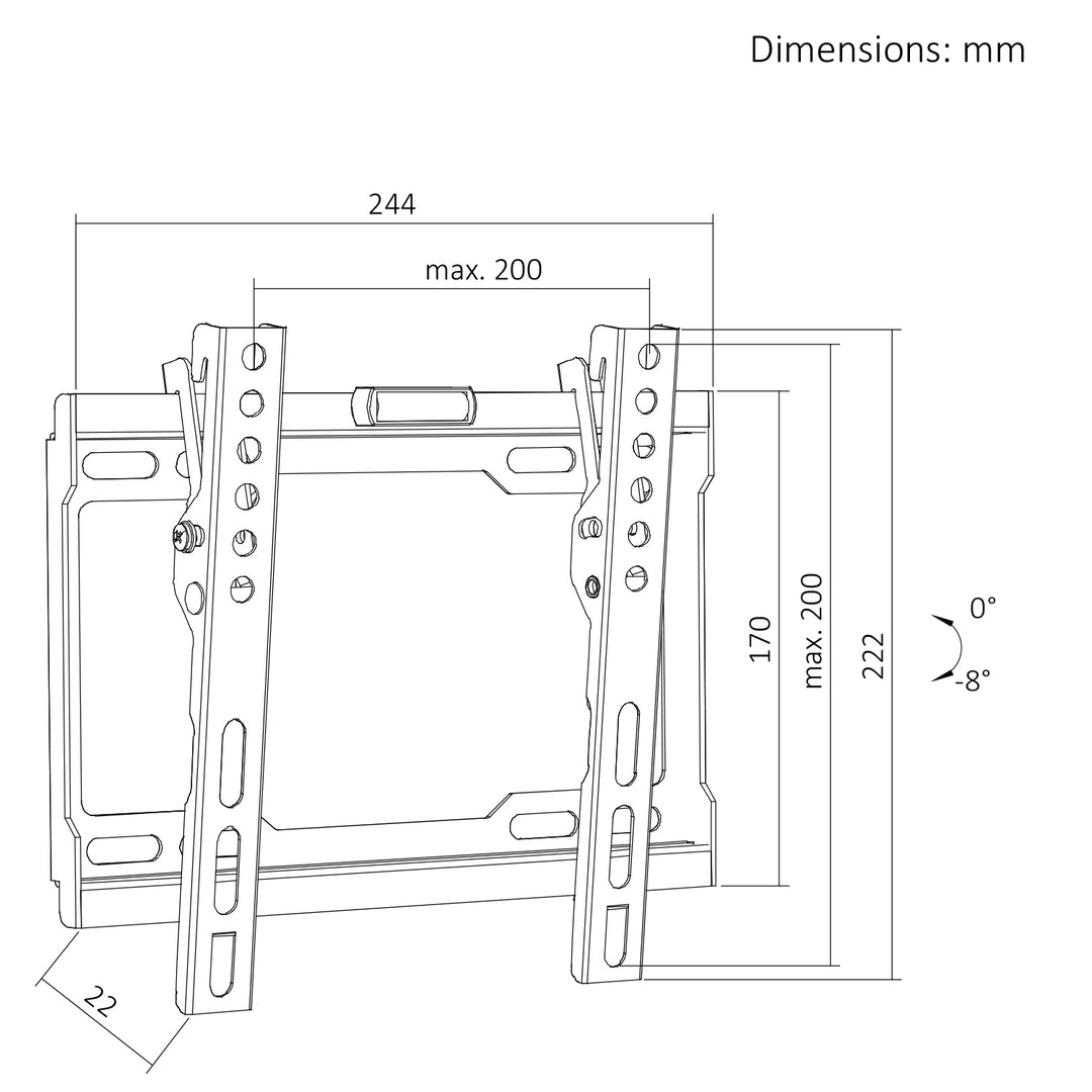 Držák / závěs na televizor Maclean, max. VESA 200×200, 13–43", do 45 kg, černý, nastavení sklonu 0°–8°, MC-186