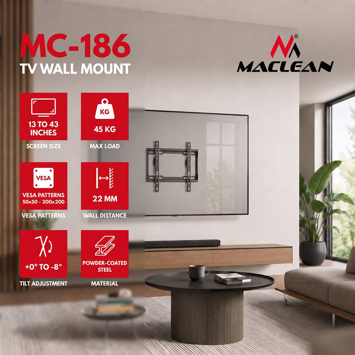 Držák / závěs na televizor Maclean, max. VESA 200×200, 13–43", do 45 kg, černý, nastavení sklonu 0°–8°, MC-186