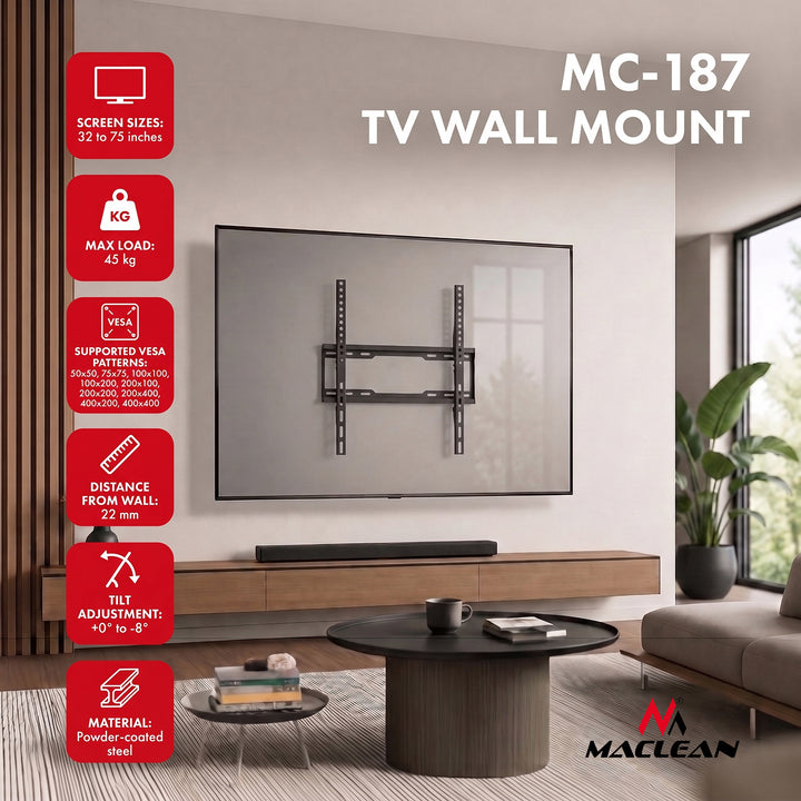 Držák / závěs na televizor Maclean, max. VESA 400×400, 32–75", do 45 kg, černý, nastavení sklonu 0°–8°, MC-187