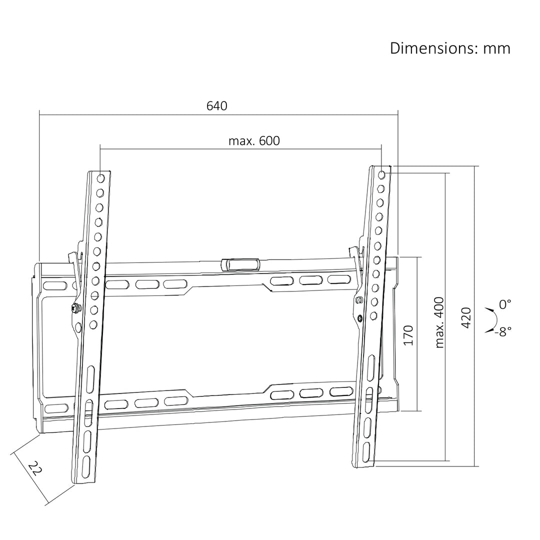 Držák / závěs na televizor Maclean, max. VESA 600×400, 37–86", do 45 kg, černý, nastavení sklonu 0°–8°, MC-188