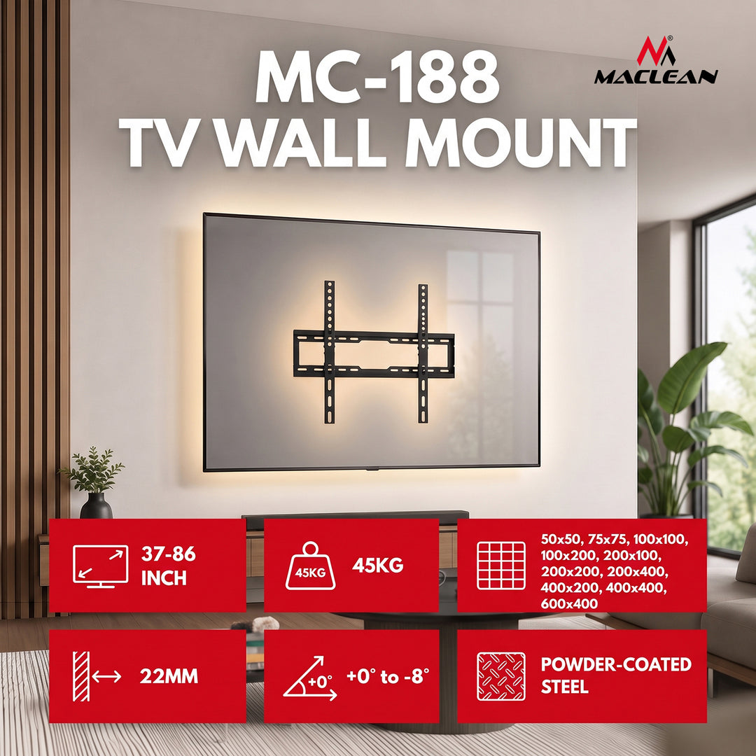 Držák / závěs na televizor Maclean, max. VESA 600×400, 37–86", do 45 kg, černý, nastavení sklonu 0°–8°, MC-188