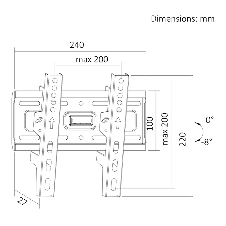 Držák / závěs na televizor Maclean, max. VESA 200×200, 13–43", do 45 kg, černý, nastavení sklonu +2° až –10°, MC-189