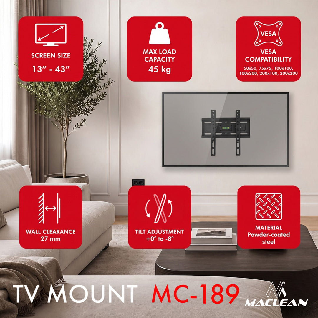 Držák / závěs na televizor Maclean, max. VESA 200×200, 13–43", do 45 kg, černý, nastavení sklonu +2° až –10°, MC-189