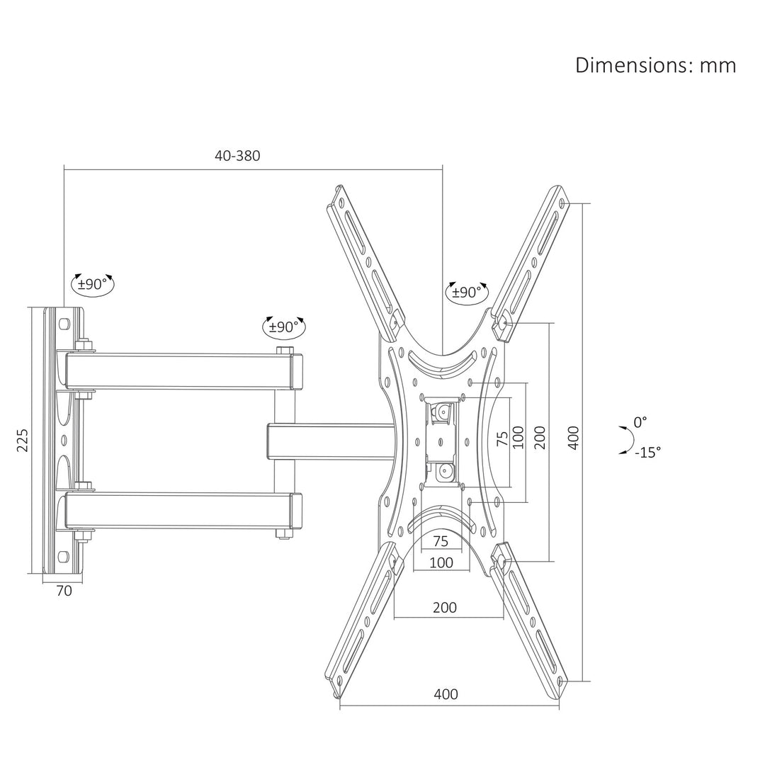 Držák / závěs na televizor Maclean, max. VESA 400×400, 32–55", do 25 kg, černý, nastavení sklonu 0°–-15° a otáčení +90°–-90°, MC-190