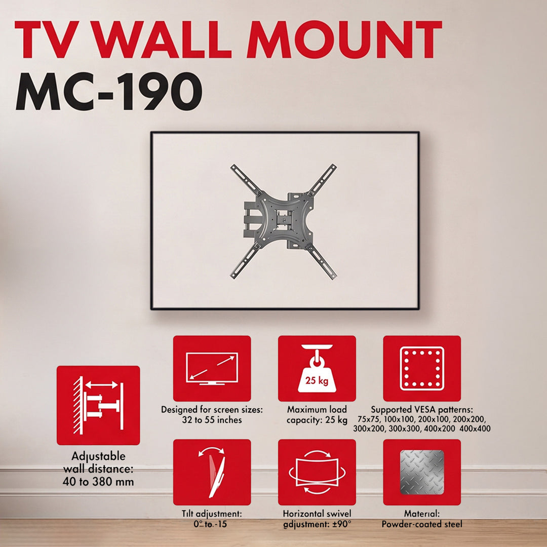 Držák / závěs na televizor Maclean, max. VESA 400×400, 32–55", do 25 kg, černý, nastavení sklonu 0°–-15° a otáčení +90°–-90°, MC-190