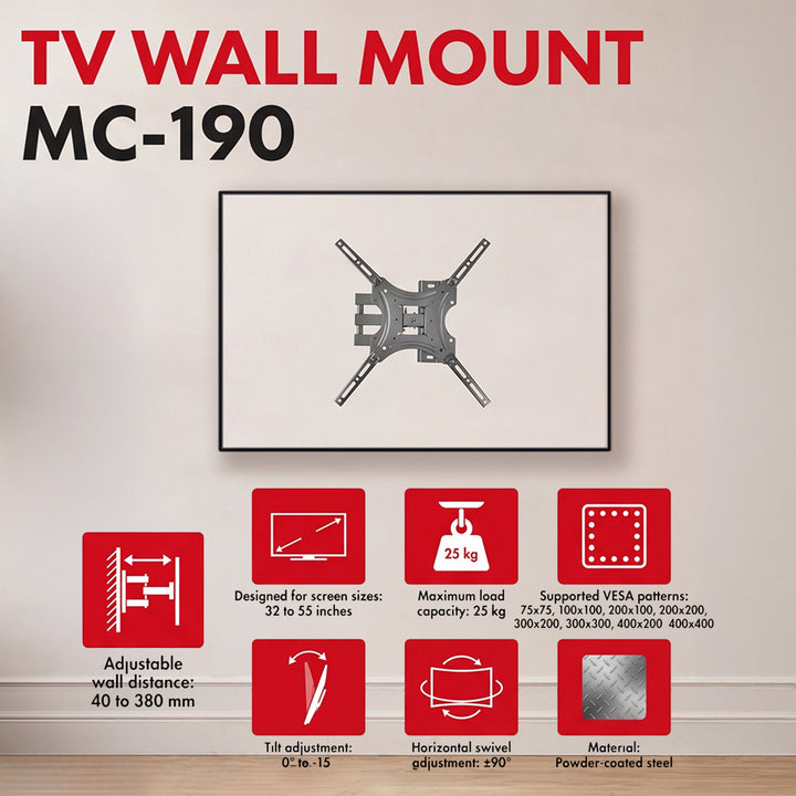 Držák / závěs na televizor Maclean, max. VESA 400×400, 32–55", do 25 kg, černý, nastavení sklonu 0°–-15° a otáčení +90°–-90°, MC-190