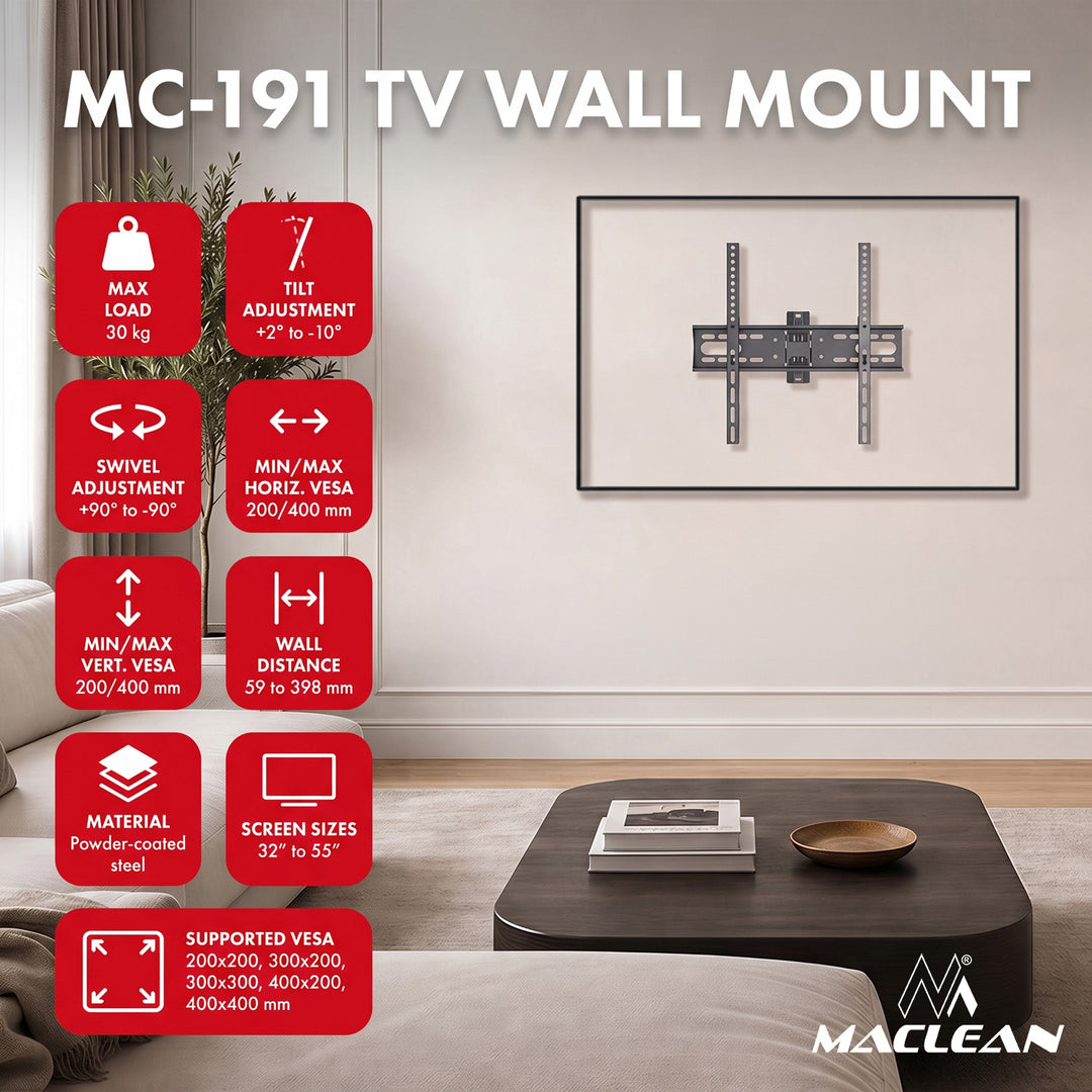 Držák / závěs na televizor Maclean, max. VESA 400×400, 32–55", do 30 kg, černý, nastavení sklonu +2° až –10° a otáčení +90° až –90°, MC-191