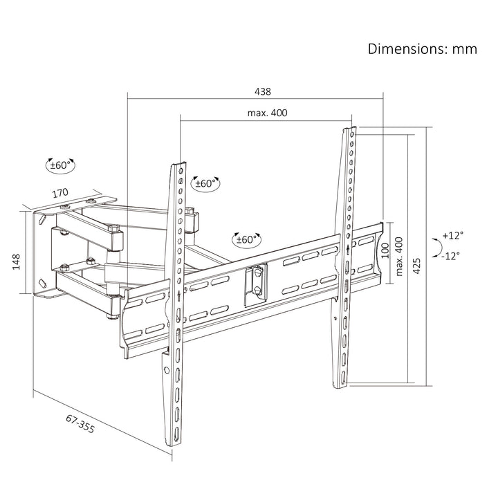 Držák / závěs na televizor Maclean, max. VESA 400×400, 32–70", do 40 kg, černý, nastavení sklonu +12° až –12° a otáčení +60° až –60°, MC-192