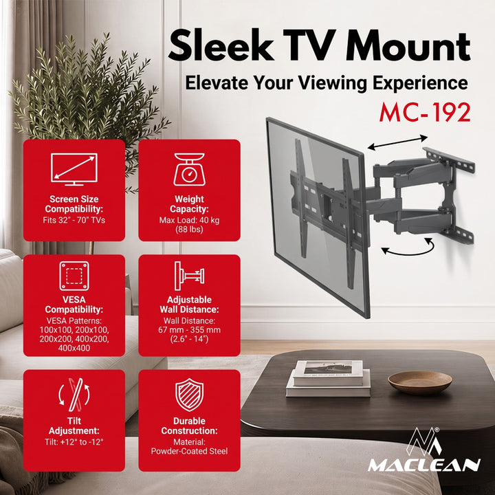 Držák / závěs na televizor Maclean, max. VESA 400×400, 32–70", do 40 kg, černý, nastavení sklonu +12° až –12° a otáčení +60° až –60°, MC-192