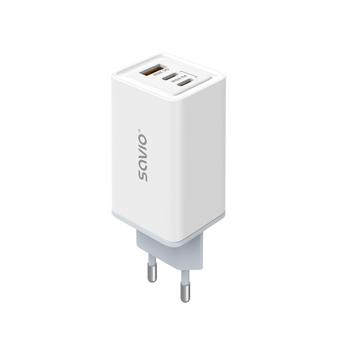 Síťová nabíječka Savio, 1x USB-A, 2x USB-C, GaN, 65W, bílá, SAVLA-07