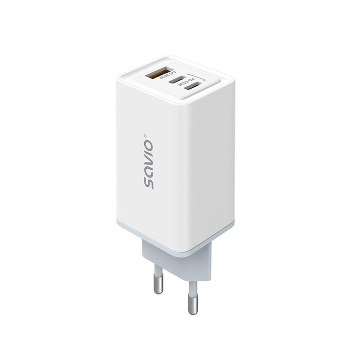 Síťová nabíječka Savio, 1x USB-A, 2x USB-C, GaN, 65W, bílá, SAVLA-07