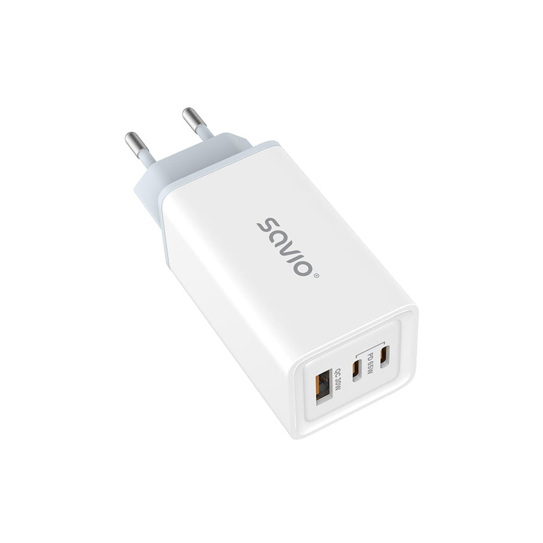 Síťová nabíječka Savio, 1x USB-A, 2x USB-C, GaN, 65W, bílá, SAVLA-07