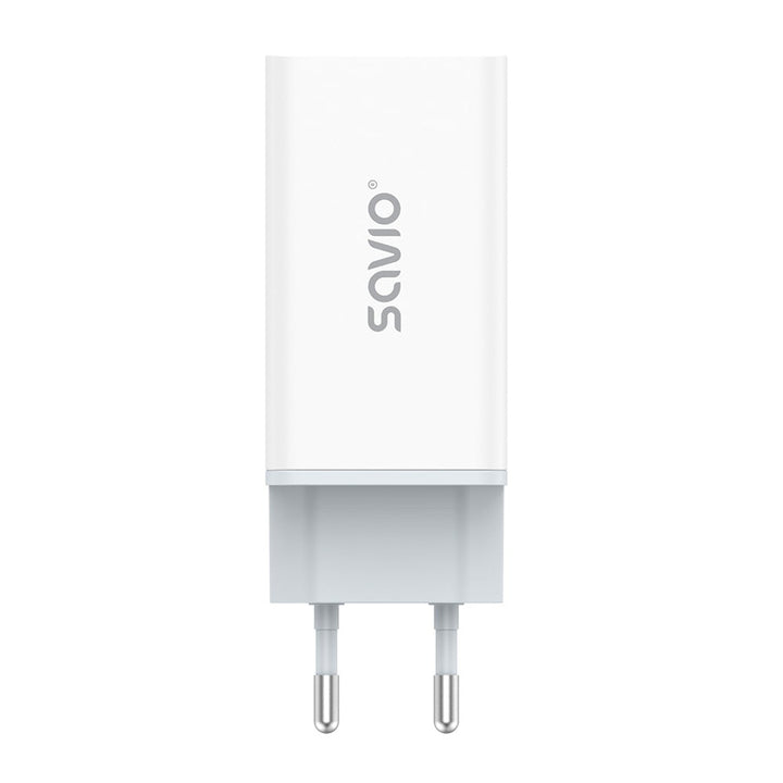 Síťová nabíječka Savio, 1x USB-A, 2x USB-C, GaN, 65W, bílá, SAVLA-07