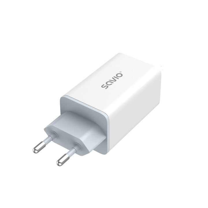 Síťová nabíječka Savio, 1x USB-A, 2x USB-C, GaN, 65W, bílá, SAVLA-07