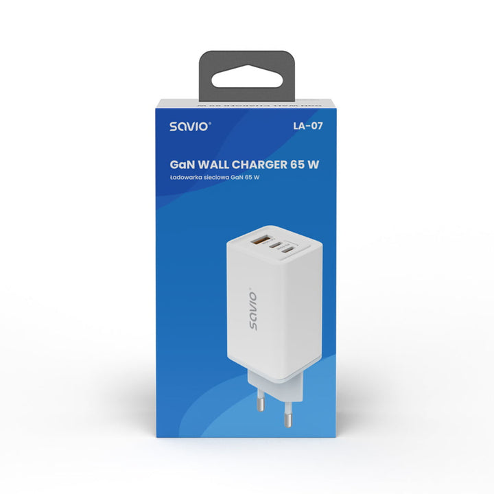 Síťová nabíječka Savio, 1x USB-A, 2x USB-C, GaN, 65W, bílá, SAVLA-07