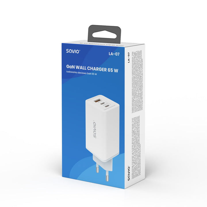 Síťová nabíječka Savio, 1x USB-A, 2x USB-C, GaN, 65W, bílá, SAVLA-07