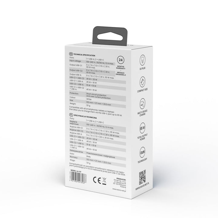 Síťová nabíječka Savio, 1x USB-A, 2x USB-C, GaN, 65W, bílá, SAVLA-07