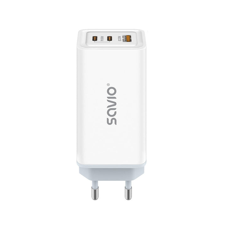 Síťová nabíječka Savio, 1x USB-A, 2x USB-C, GaN, 65W, bílá, SAVLA-07