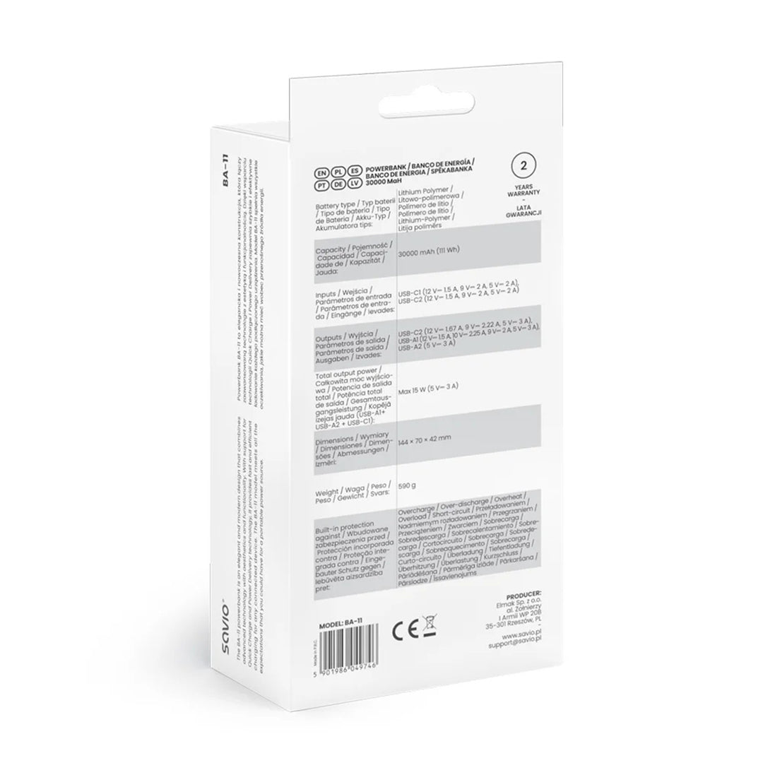 Powerbanka SAVIO, 2 porty USB, 1 port USB-C, rychlé nabíjení, Power Delivery, SAVBA-11
