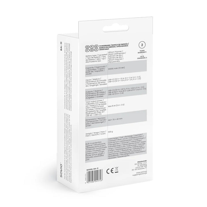 Powerbanka SAVIO, 2 porty USB, 1 port USB-C, rychlé nabíjení, Power Delivery, SAVBA-11