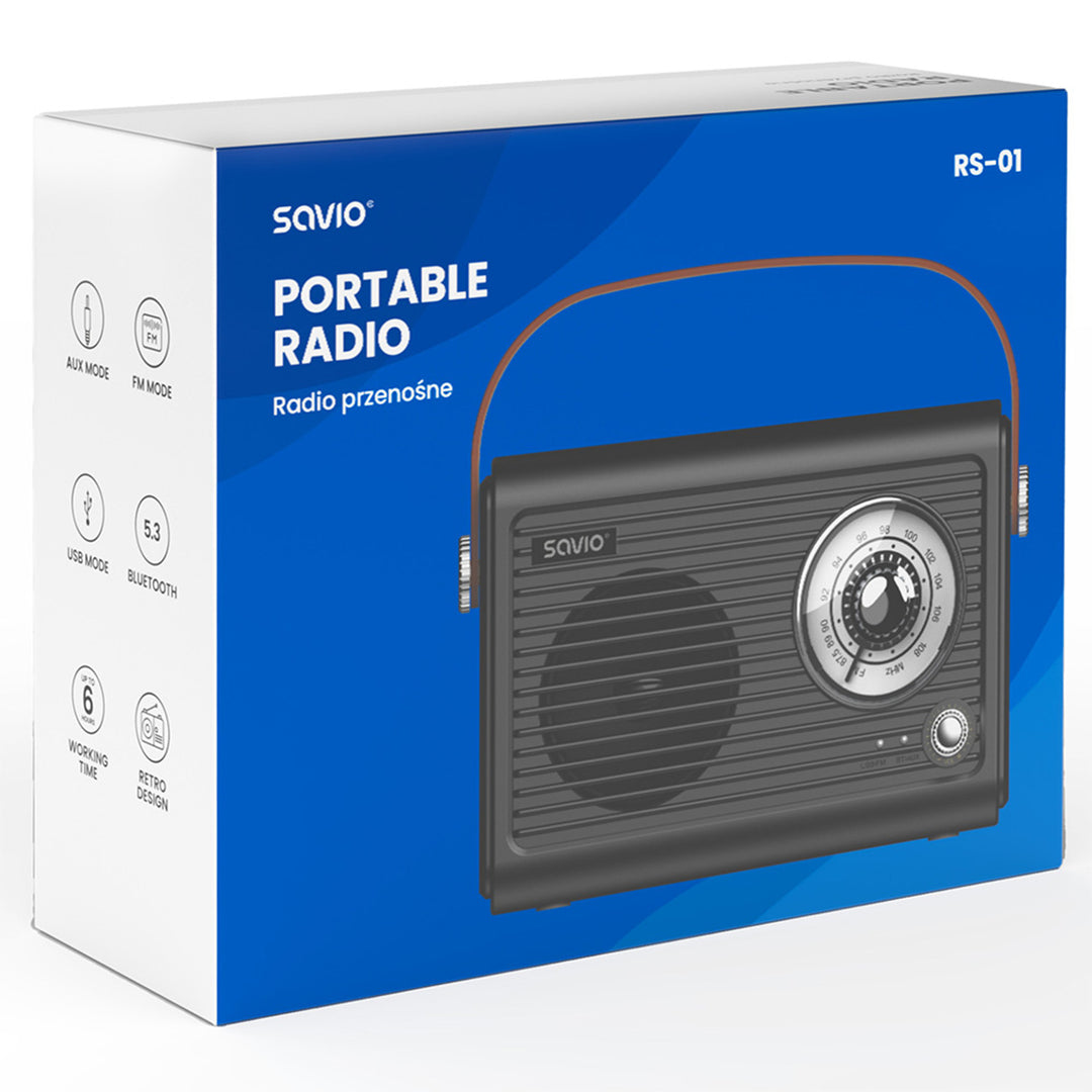 Přenosné FM rádio Savio, bateriové napájení, Bluetooth, AUX, SAVRS-01