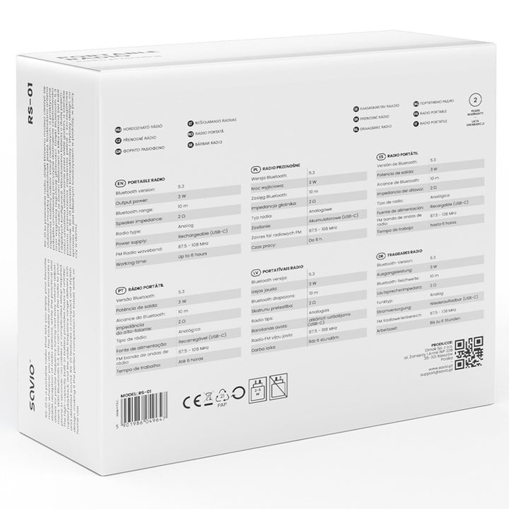 Přenosné FM rádio Savio, bateriové napájení, Bluetooth, AUX, SAVRS-01