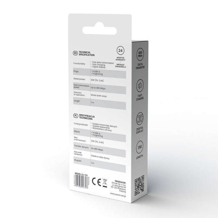 Kabel Savio USB-Lightning, digitální displej, délka 1 m, SAVKABELCL-173
