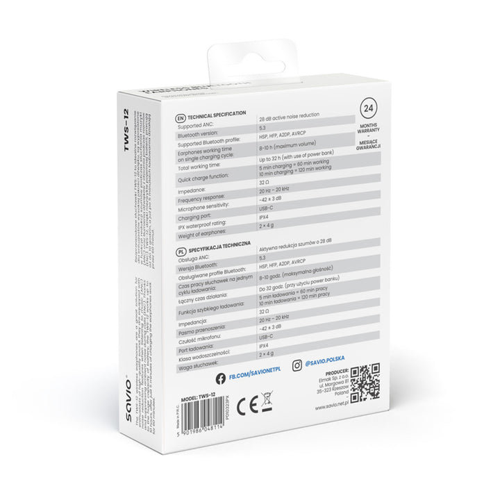 Bezdrátová sluchátka Savio, Bluetooth 5.3, ANC, USB-C, černá