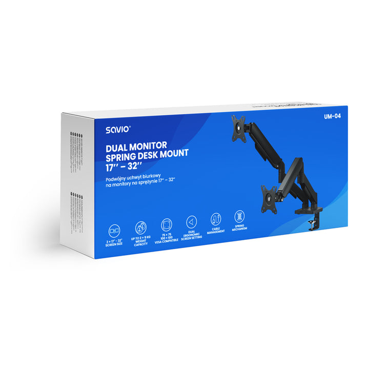Držák na stůl pro dva monitory Savio, 17-32'', nosnost 9 kg na monitor, VESA, pružinový mechanismus, černý, SAVUM-04