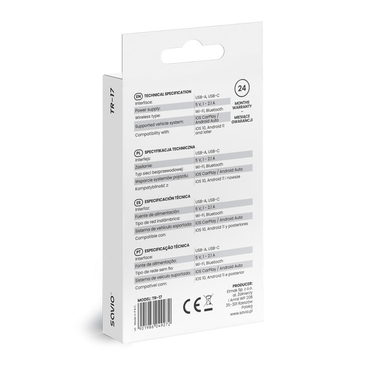 Bezdrátový adaptér Savio, CarPlay, Android Auto, Bluetooth, Wi-Fi, SAVTR-17