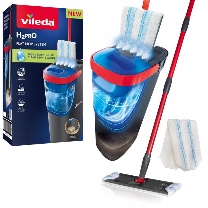 Plochý mop Vileda H2prO, 100% oddělení čisté a špinavé vody, dvě nádržky, podložka z mikrovlákna, 360° špička, 175774