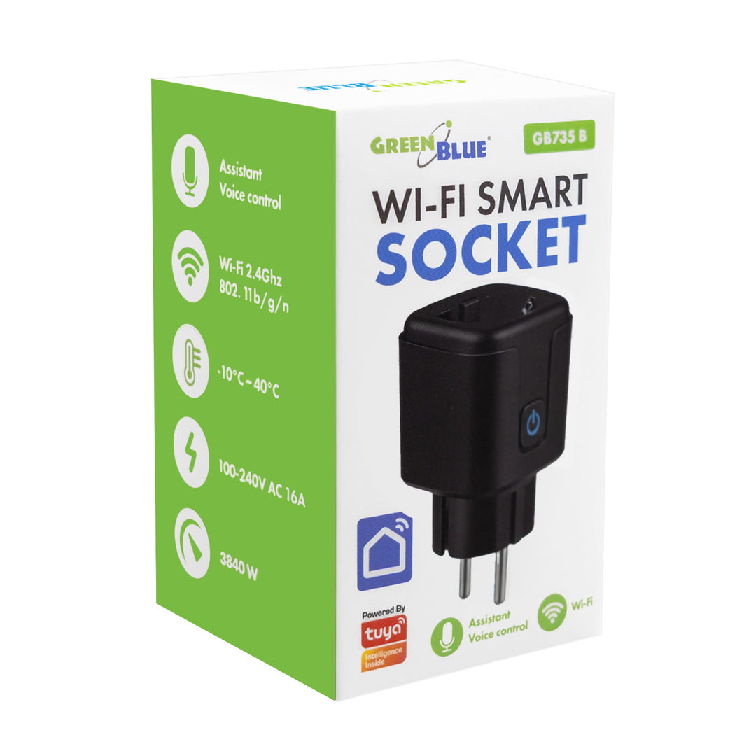 Dálkově ovládaná WiFi zásuvka GreenBlue, Android/iOS/Alexa/Google Home, časovač, měřič spotřeby, max. 16 A/3840 W, GB735 B