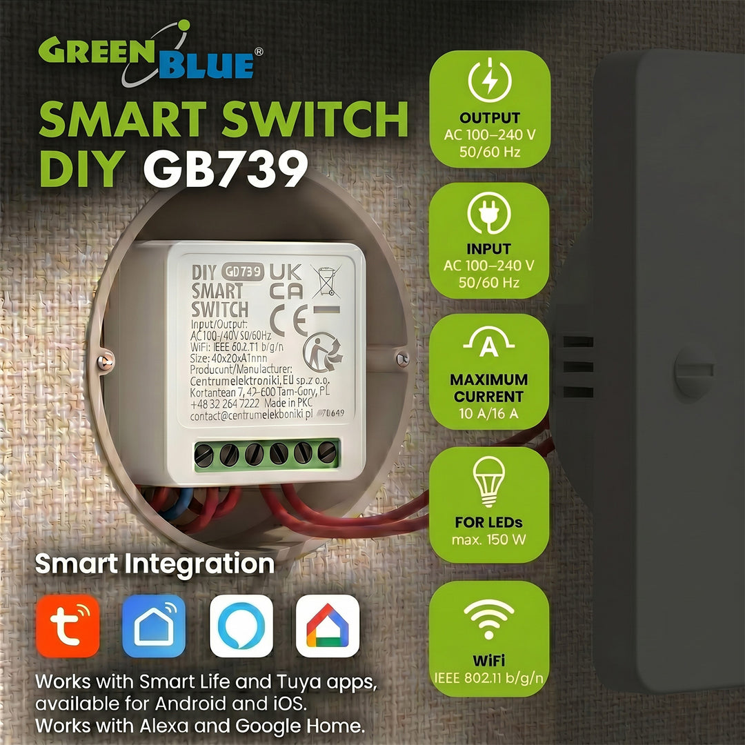 Zapuštěný WiFi relé GreenBlue, Android/iOS/Alexa/Google Home, 100–240 V střídavého proudu, 50/60 Hz, max. 16 A, pro LED 150 W, GB739