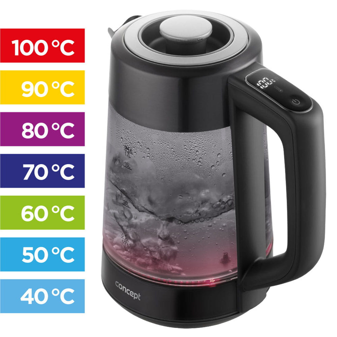 Skleněná rychlovarná konvice Concept, objem 1,7 l, příkon 1850–2200 W, černá barva, konektor Strix, regulace teploty, digitální ovládání, RK4195