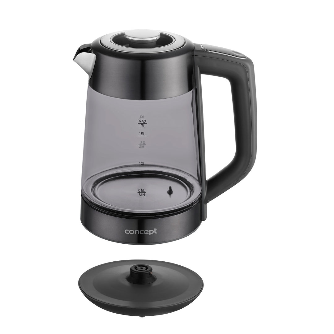 Skleněná rychlovarná konvice Concept, objem 1,7 l, příkon 1850–2200 W, černá barva, konektor Strix, regulace teploty, digitální ovládání, RK4195